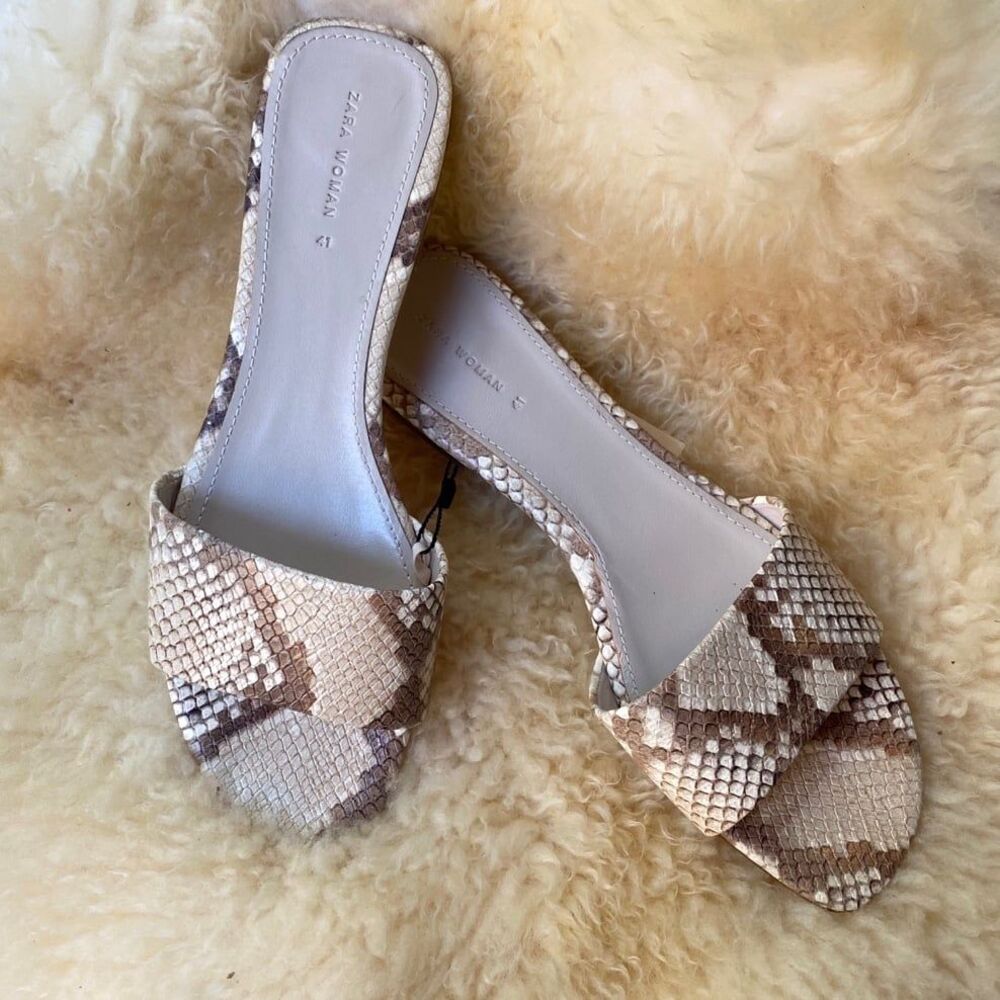 Zara Woman EU41 US10 leather snake print beige cream Tan nude slide sandals - Picture 4 of 13